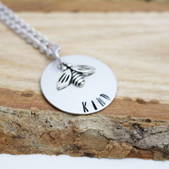 Bee Kind - Hand Stamped Bee Necklace - 18" Chain - Handmade & Hypoallergenic - Picture 2 of 6
